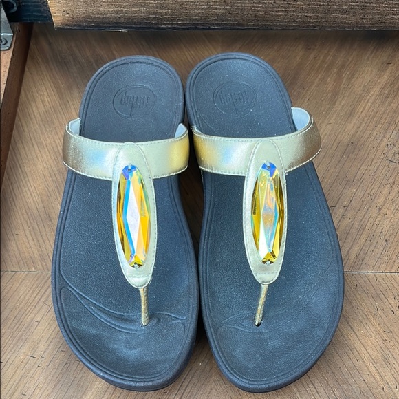 Gold and Black Sandals with Gem Detail - Picture 1 of 2